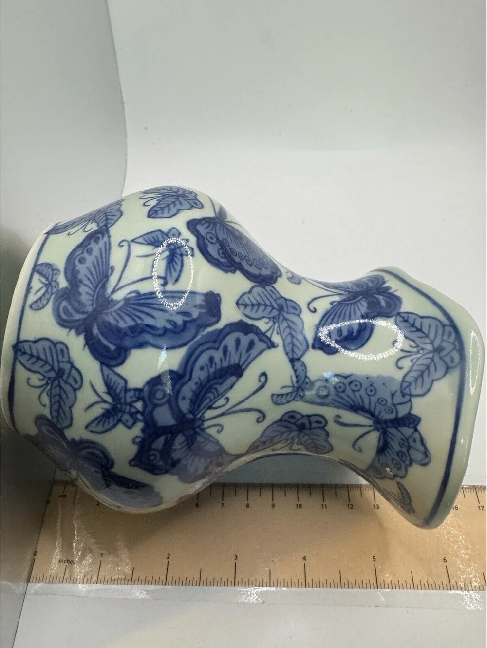 Stoneware - Blue & Beige Butterfly Pitcher, 5.25